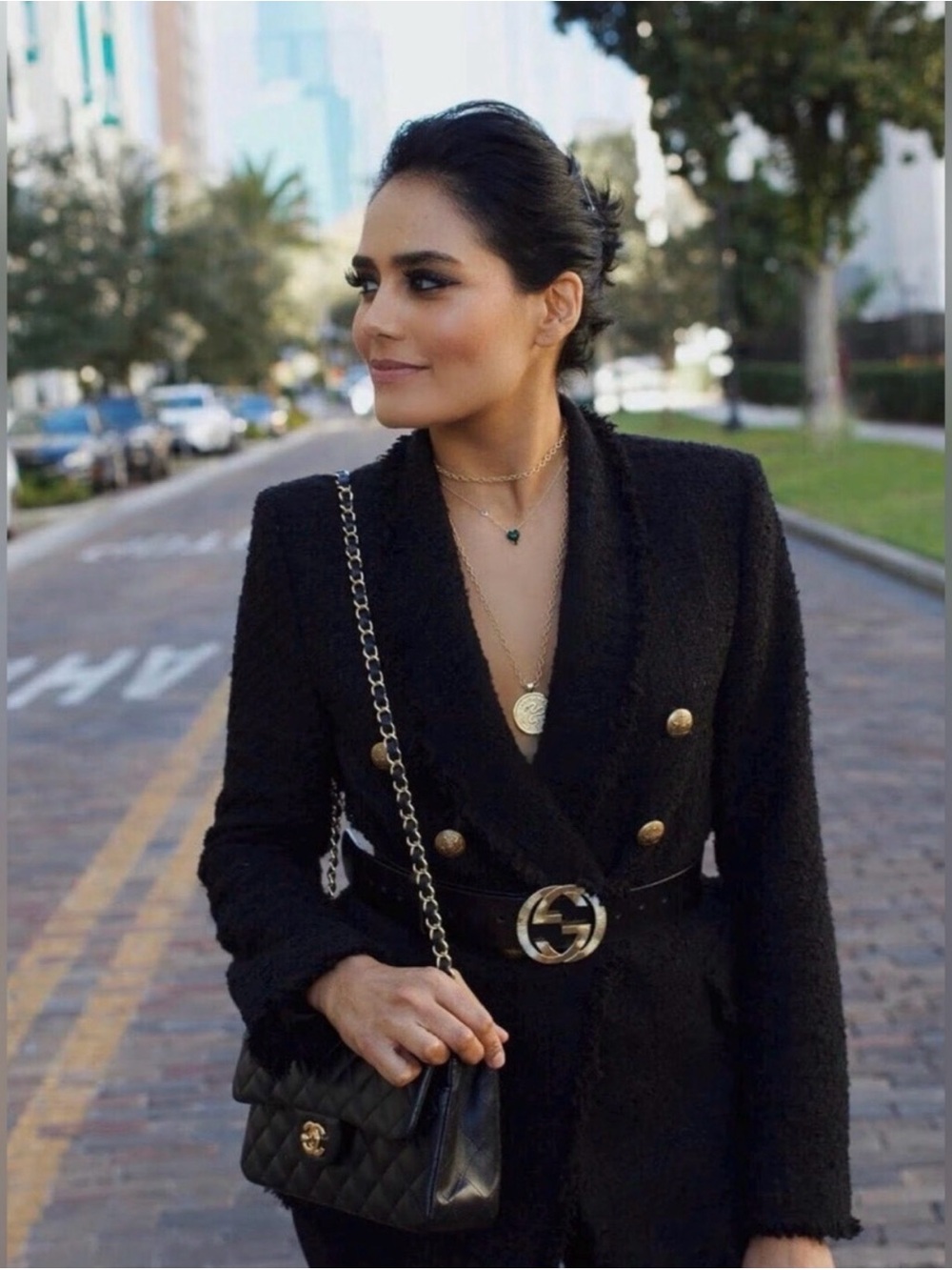 ZARA Black Tweed Double Breasted Gold Button Blazer Jacket L NWT - Picture 4 of 10